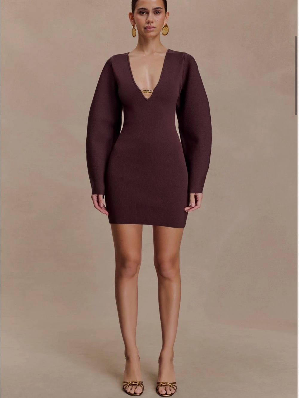 NWT Meshki Billy Balloon Sleeve Knit Mini Dress Chocolate Brown Size XS - Picture 2 of 10